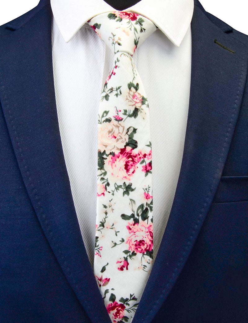 GUSLESON Mens Creamy-white Tie Slim Floral Ties for Men Skinny Cotton Necktie and Pocket Square Sets (0941-09) - Image 4